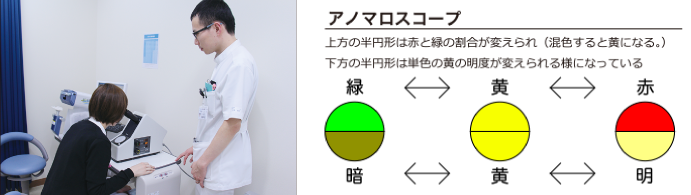 アノマロスコープ：上方の半円形は赤と緑の割合が変えられ、(混色すると黄色になる。)下方の半円形は単色の黄の明度が変えられるようになっている。